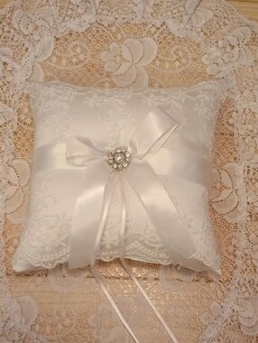 Ivory Lace Ring Bearer Pillow with Bow and Pearl Accent